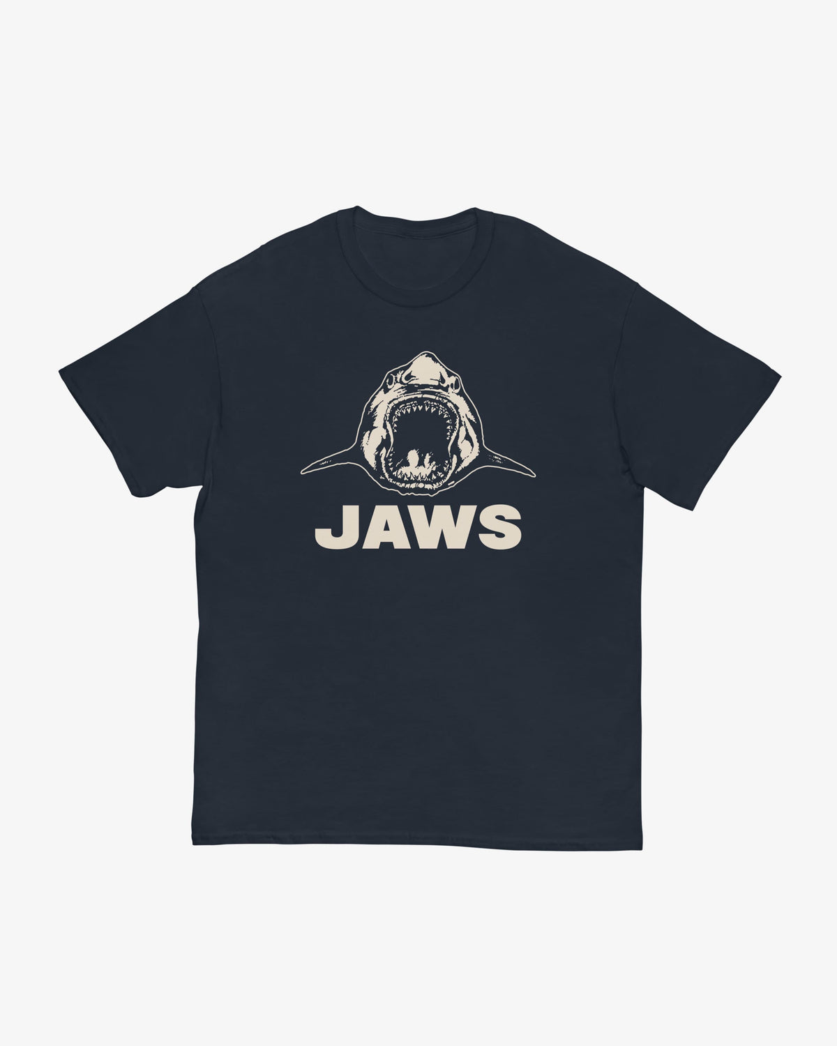 Jaws t-shirt in navy, illustrated shark with open jaws above "Jaws" wordmark, front view