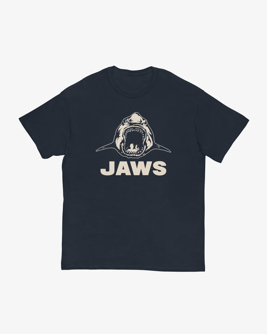 Jaws t-shirt in navy, illustrated shark with open jaws above "Jaws" wordmark, front view