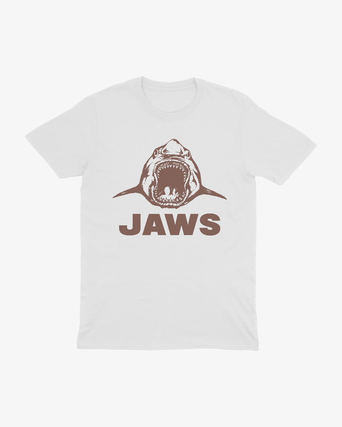 Jaws t-shirt in white, illustrated shark with open jaws above "Jaws" wordmark, front view