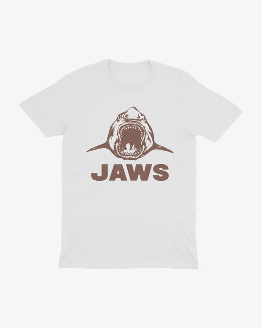 Jaws t-shirt in white, illustrated shark with open jaws above "Jaws" wordmark, front view