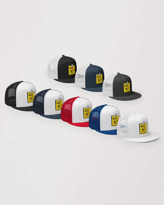 Kick Me!!! trucker cap collage showing all 8 colorways with embroidered yellow sticky-note graphic