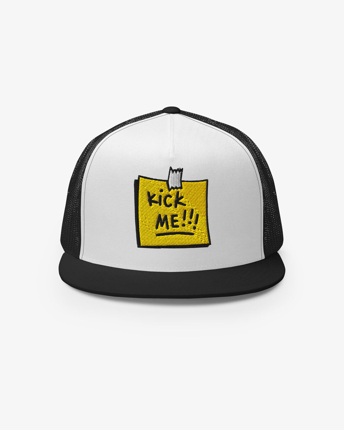 White and black trucker cap with embroidered Kick Me!!! sticky-note graphic, front view