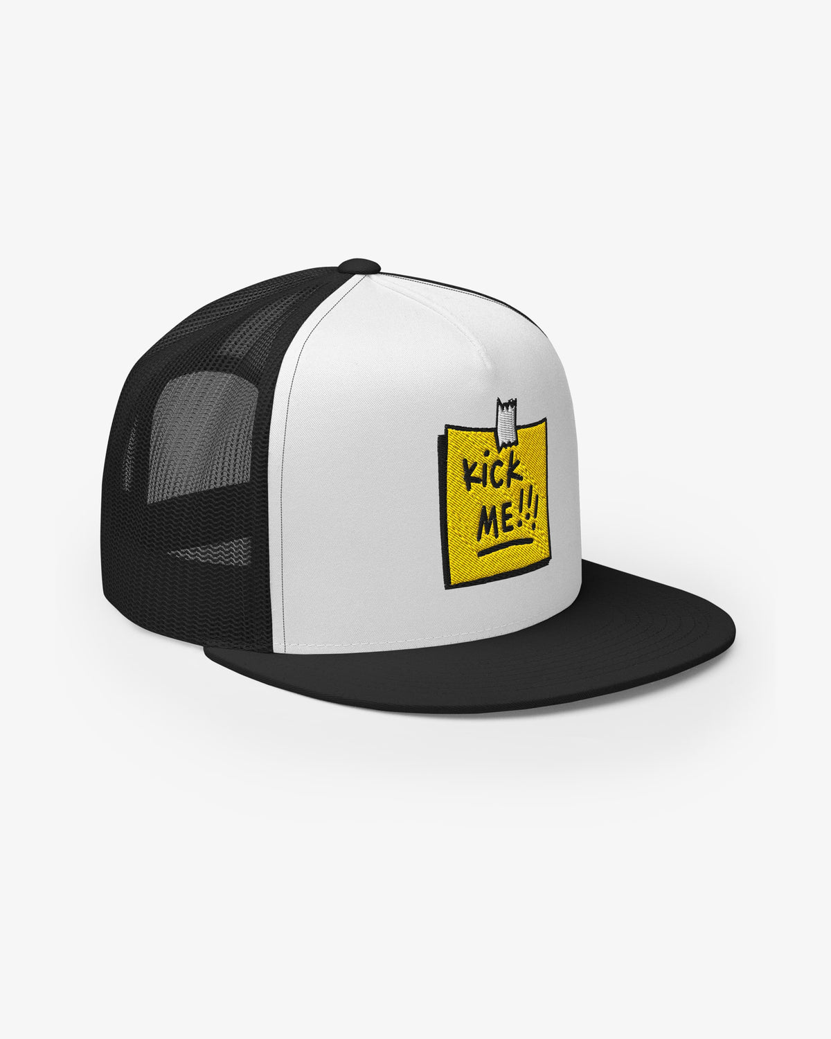 White and black trucker cap, right side view showing mesh back panel