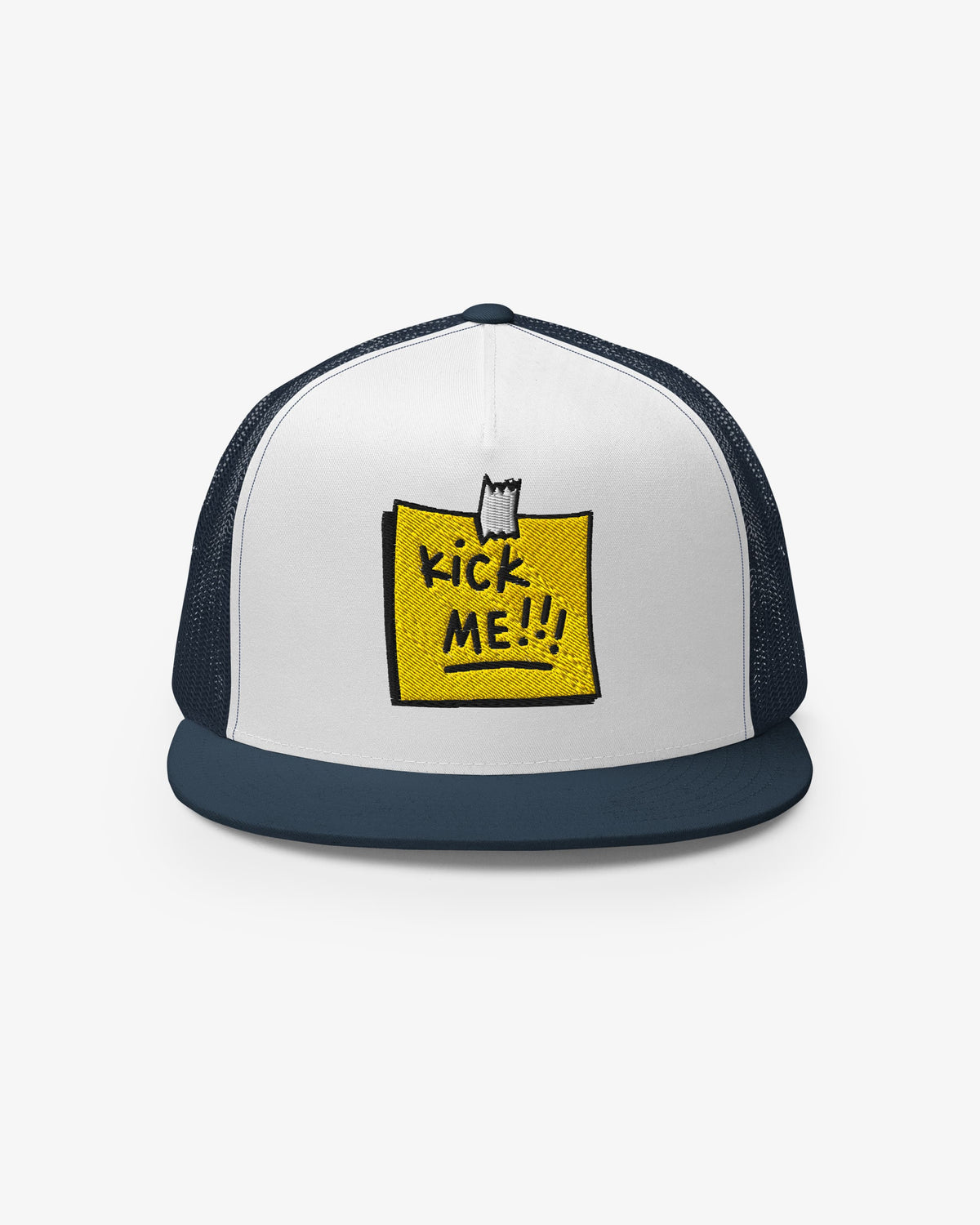 White and navy trucker cap with embroidered Kick Me!!! sticky-note graphic, front view