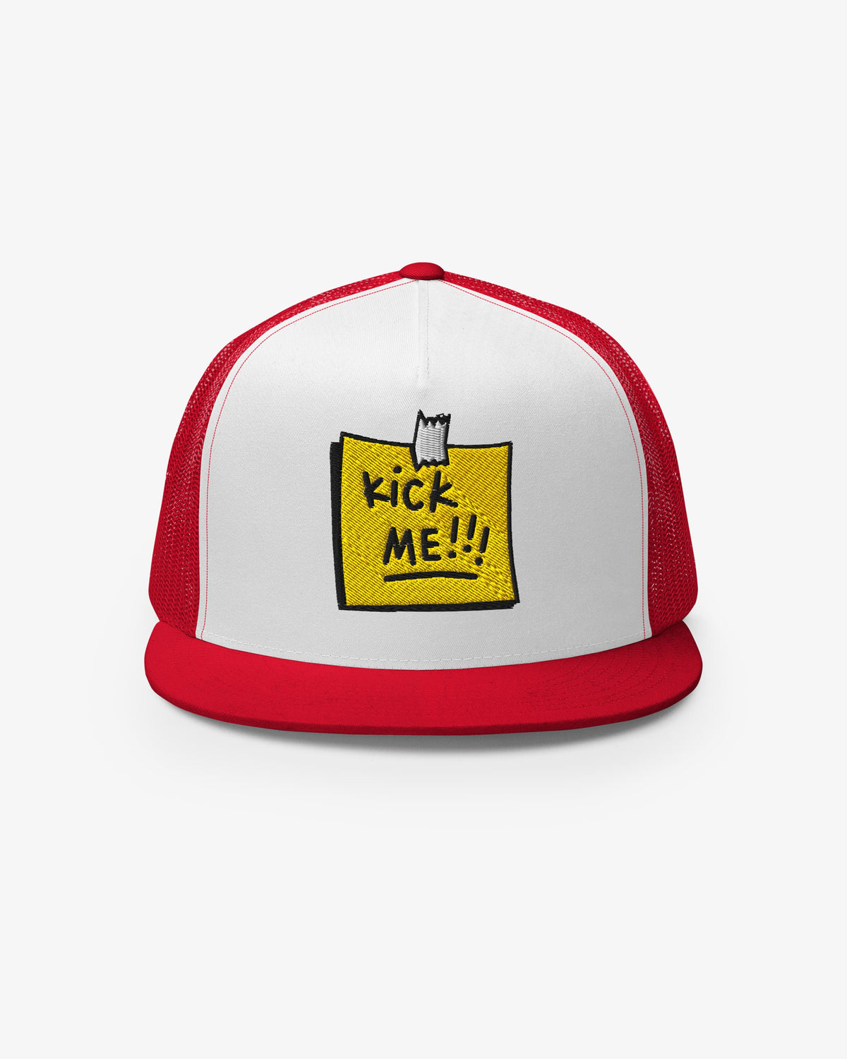 White and red trucker cap with embroidered Kick Me!!! sticky-note graphic, front view