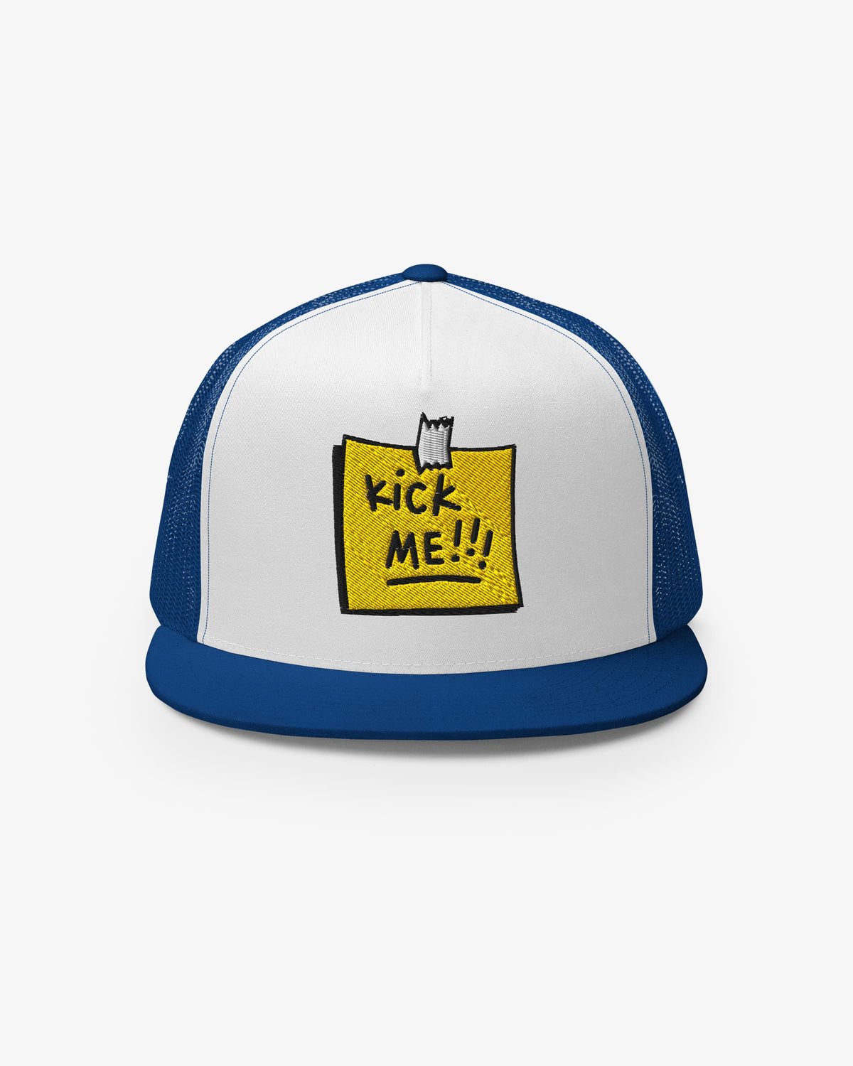 White and royal blue trucker cap with embroidered Kick Me!!! sticky-note graphic, front view