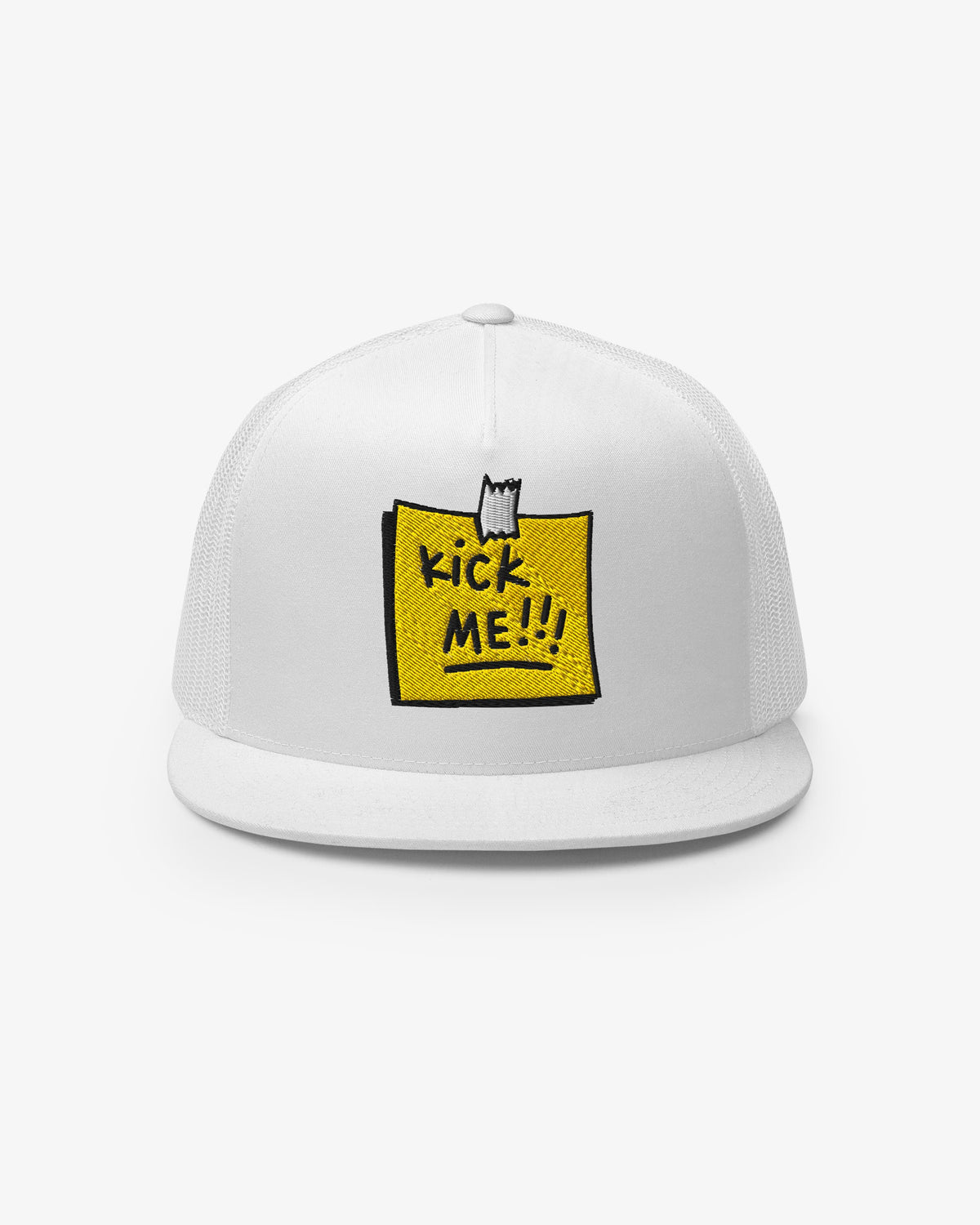 White trucker cap with embroidered Kick Me!!! sticky-note graphic, front view