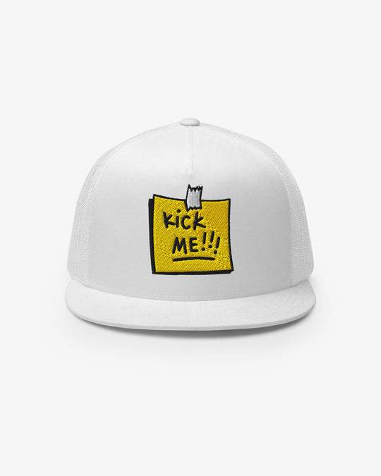 White trucker cap with embroidered Kick Me!!! sticky-note graphic, front view