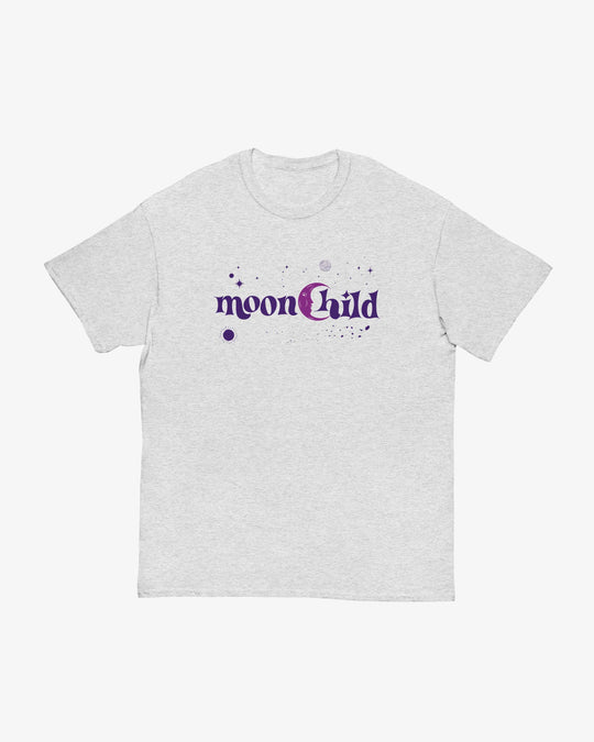 Moonchild t-shirt in ash, purple "moonChild" lettering with moon and stars, front view