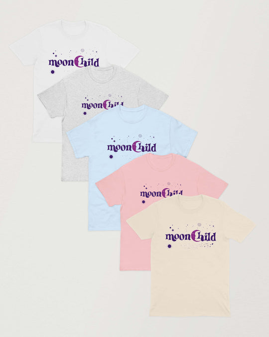 Moonchild t-shirts in white, ash, light blue, light pink and natural