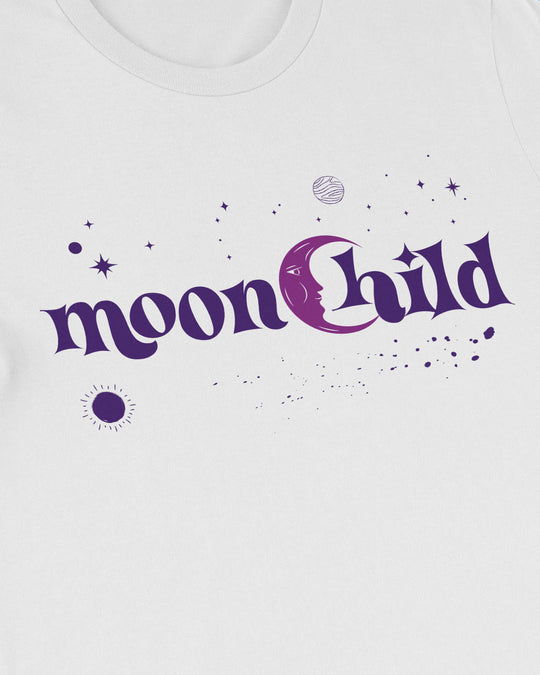 Close-up of the Moonchild print, purple "moonChild" lettering with moon and stars