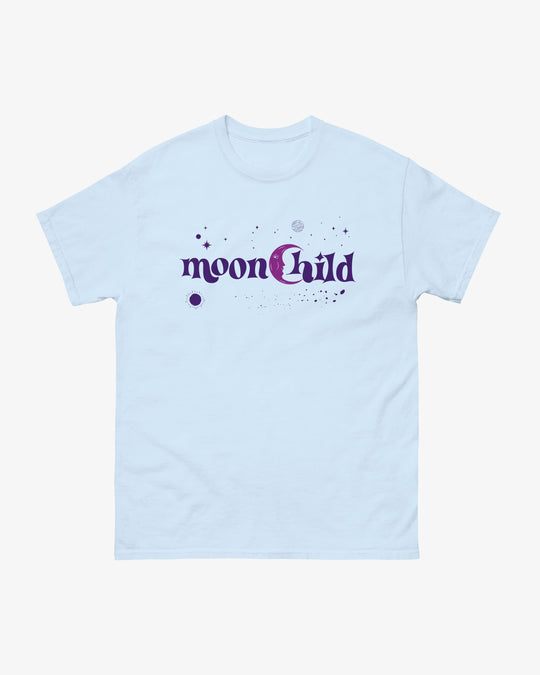 Moonchild t-shirt in light blue, purple "moonChild" lettering with moon and stars, front view
