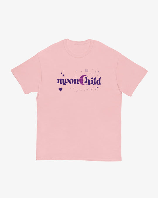 Moonchild t-shirt in light pink, purple "moonChild" lettering with moon and stars, front view