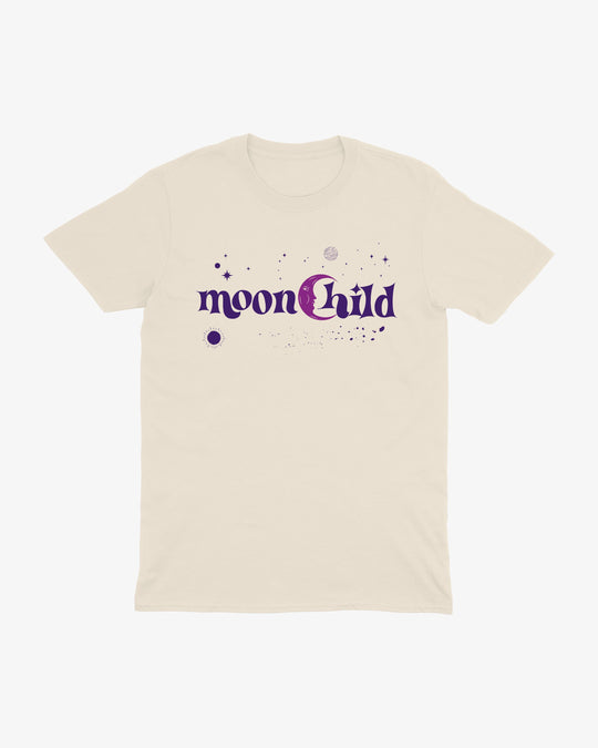 Moonchild t-shirt in natural, purple "moonChild" lettering with moon and stars, front view