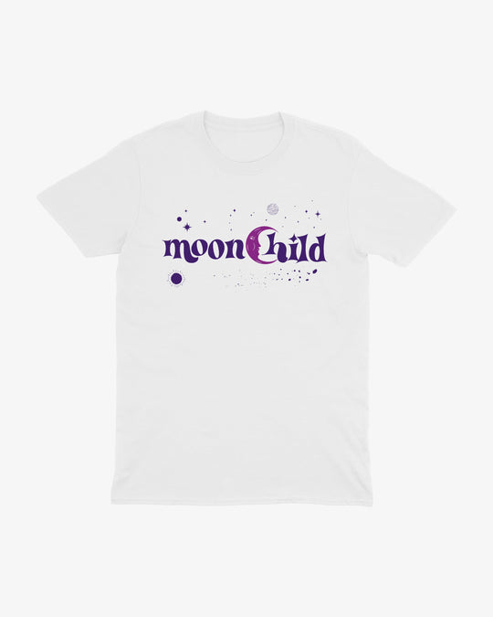 Moonchild t-shirt in white, purple "moonChild" lettering with moon and stars, front view