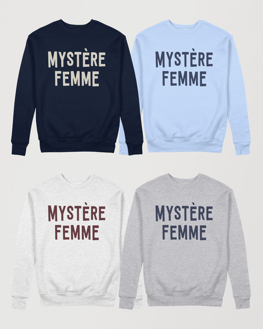Mystère Femme crewneck sweatshirts by Wearrs in navy with cream lettering, light blue with navy lettering, ash with burgundy lettering and sport grey with navy lettering