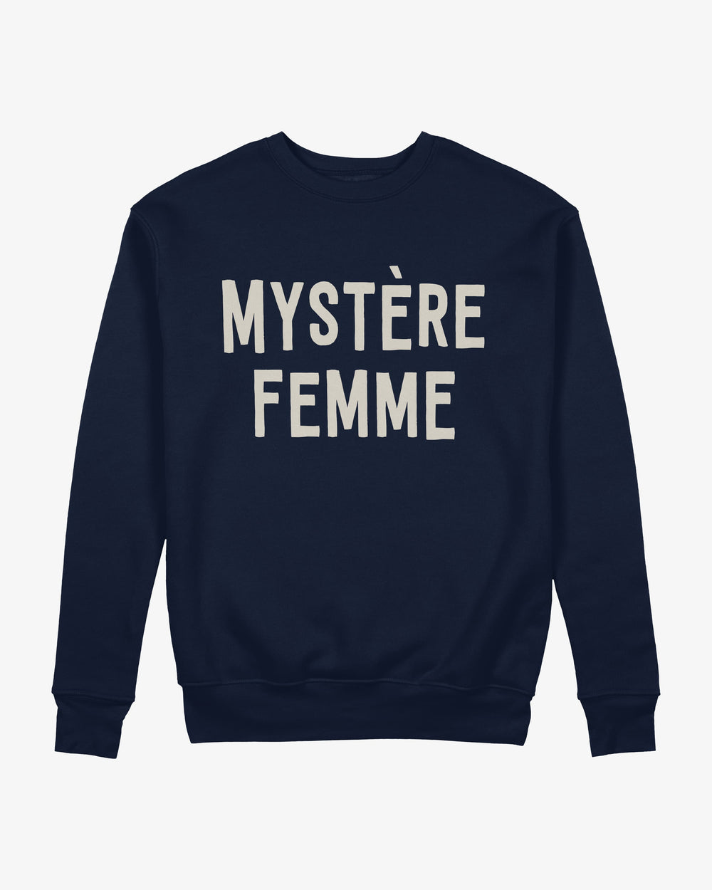 Mystère Femme sweatshirt in navy with cream lettering, flat front view