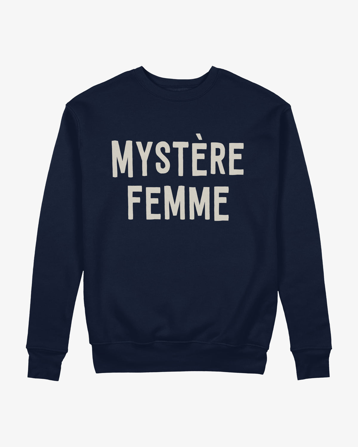 Mystère Femme sweatshirt in navy with cream lettering, flat front view