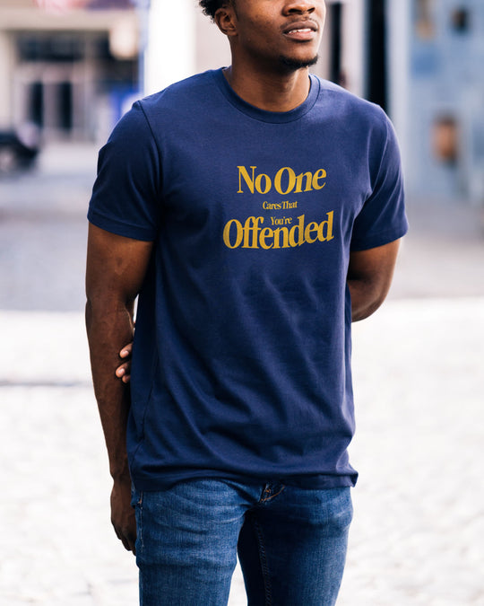 No One Cares If You're Offended t-shirt in navy, worn by a model