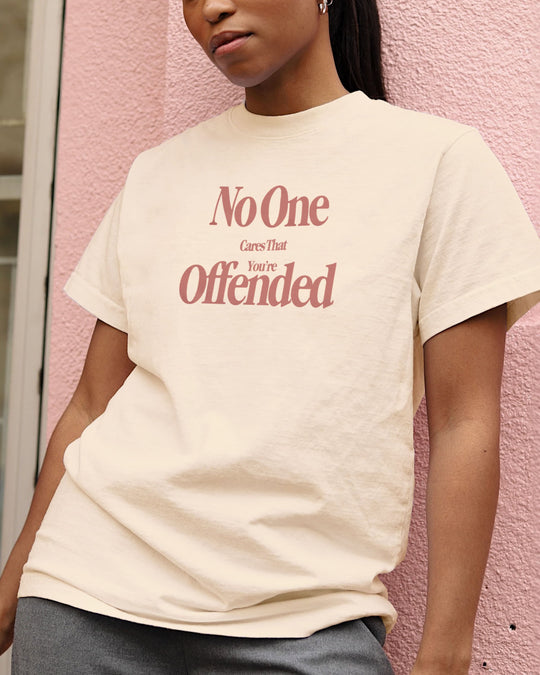 No One Cares If You're Offended t-shirt in natural, worn by a model