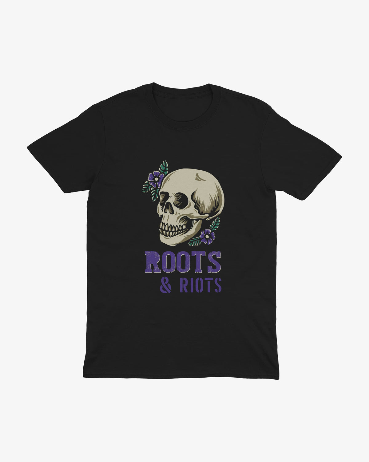 Roots & Riots t-shirt in black, skull with purple flowers above purple "ROOTS & RIOTS" lettering, front view
