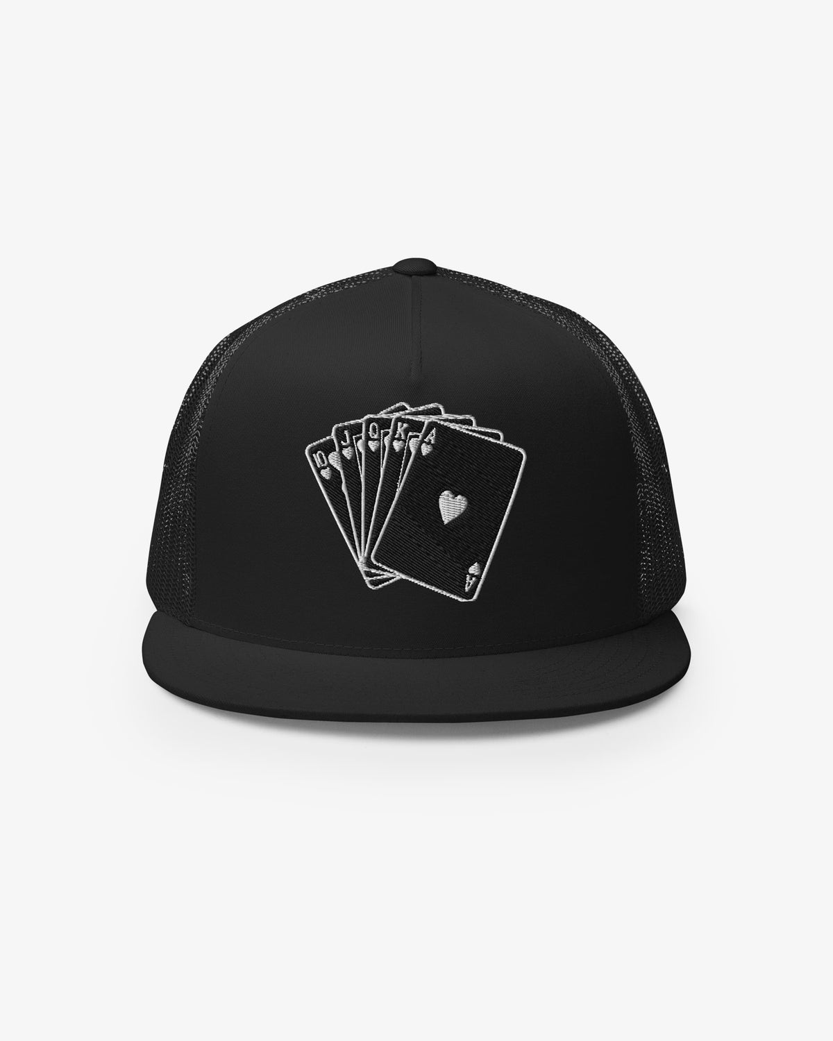 Black royal flush embroidered trucker cap, front view
