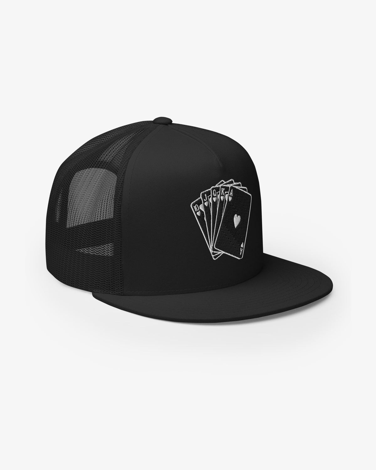 Black royal flush embroidered trucker cap, front three-quarter angle view