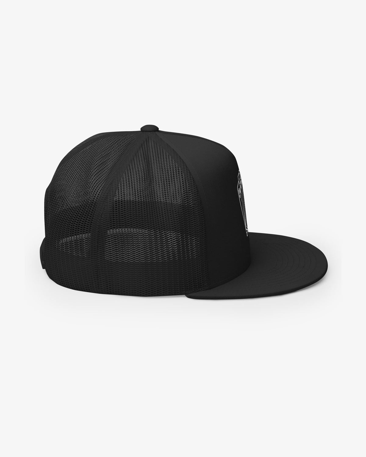 Black royal flush embroidered trucker cap, right side view