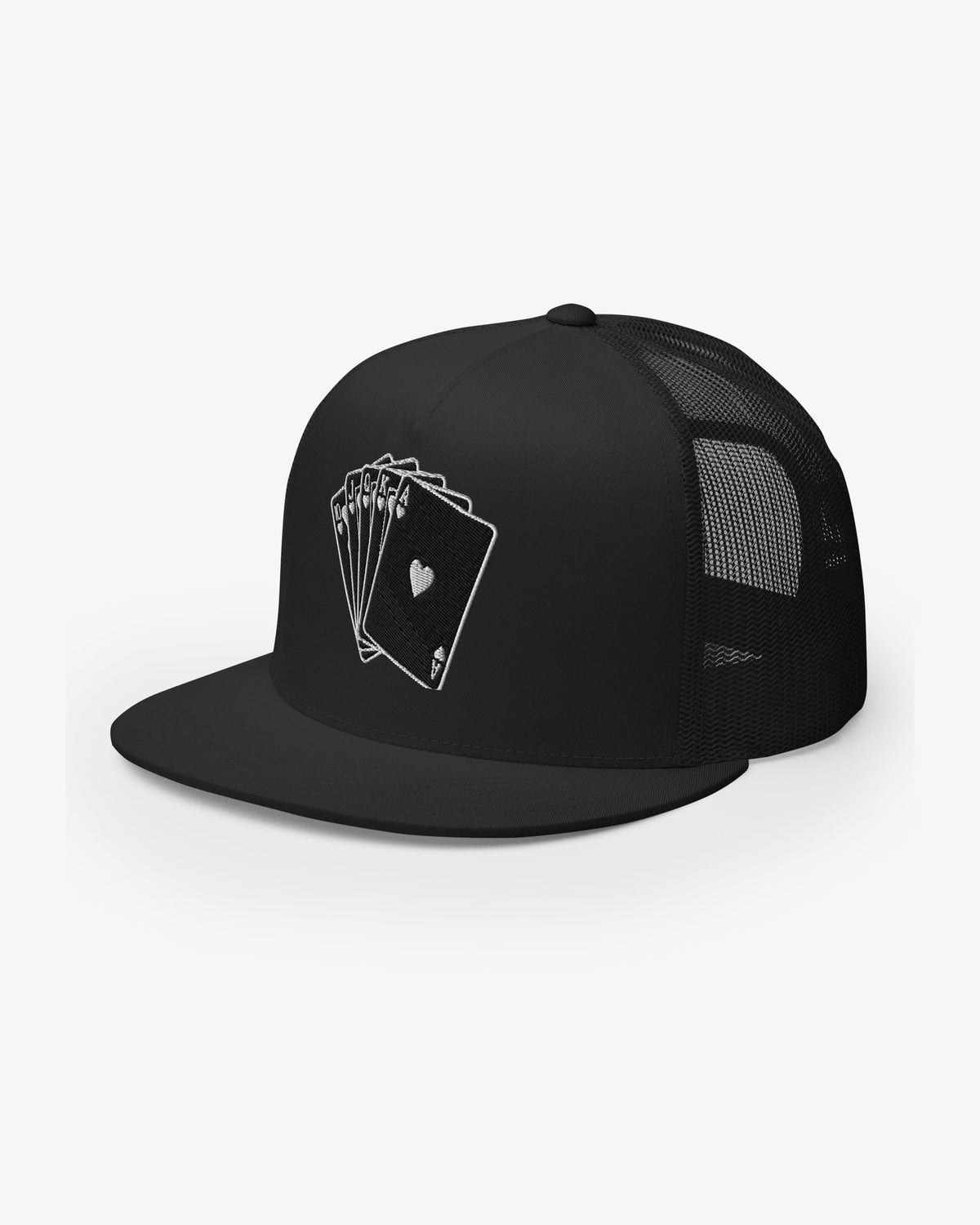 Black royal flush embroidered trucker cap, three-quarter view showing embroidery detail