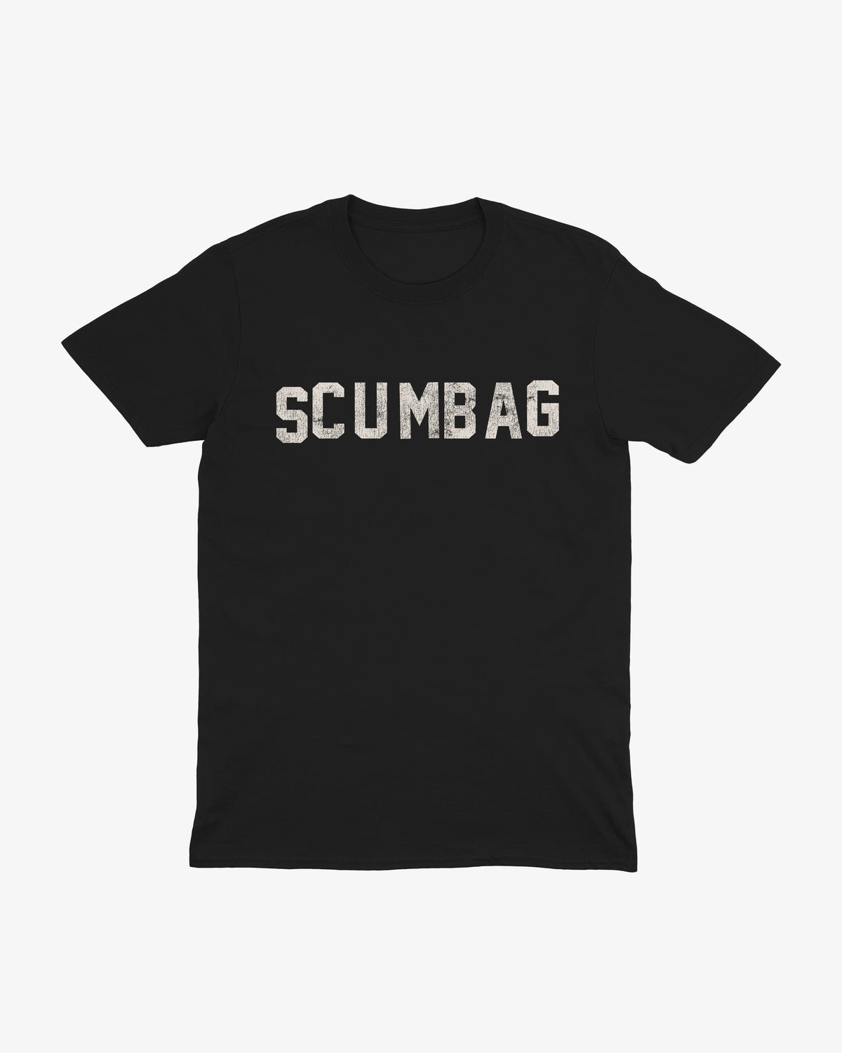 Scumbag t-shirt in black with cream distressed varsity lettering, flat front view