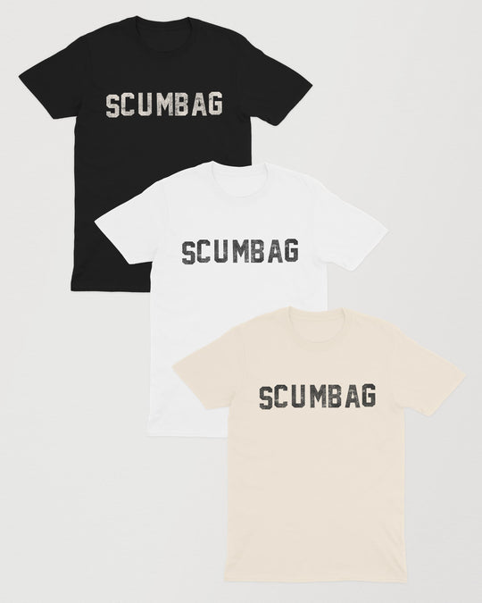 Scumbag t-shirts by Wearrs in black with cream lettering, white with black lettering and natural with black lettering, all in cracked varsity print