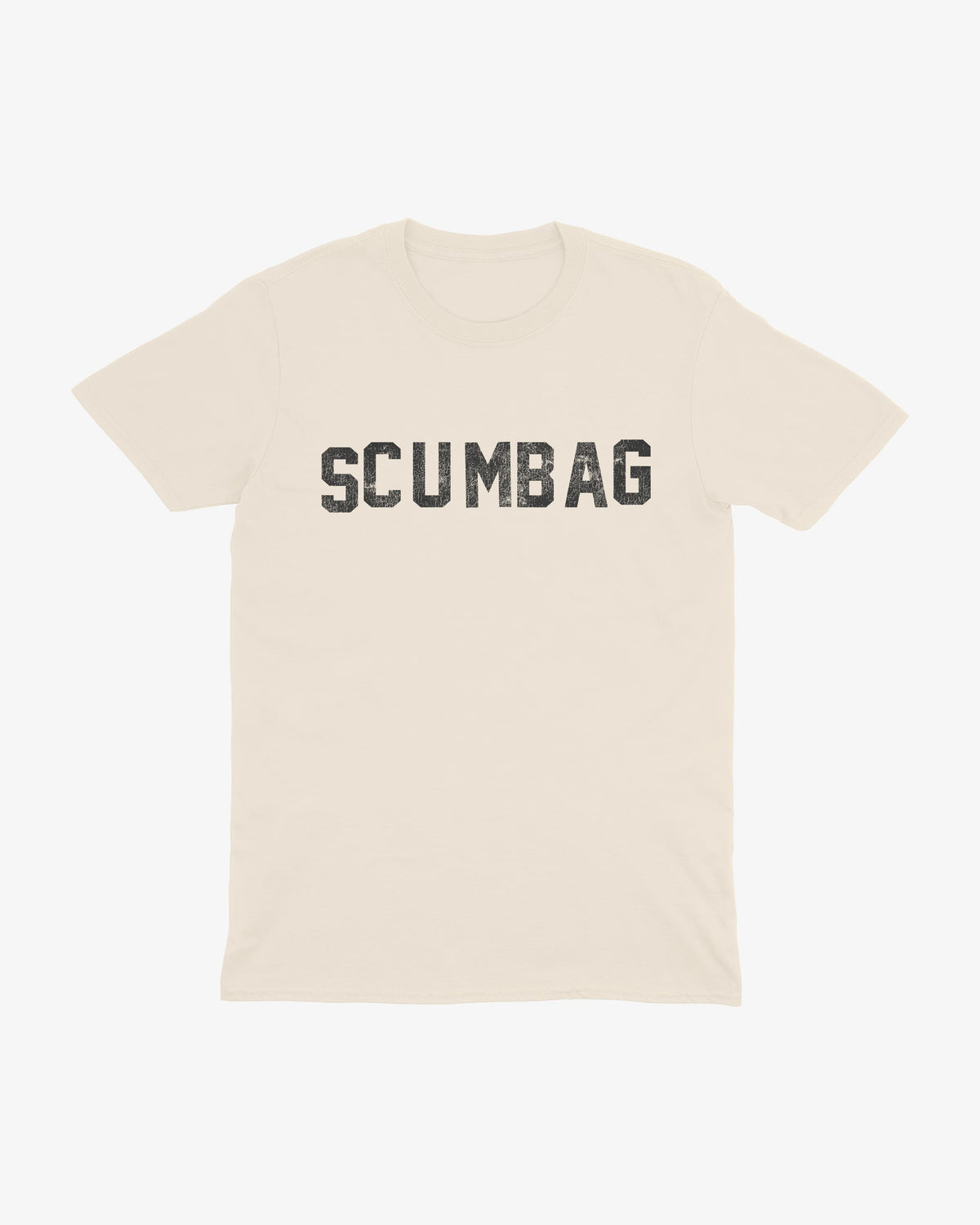 Scumbag t-shirt in natural with black distressed varsity lettering, flat front view