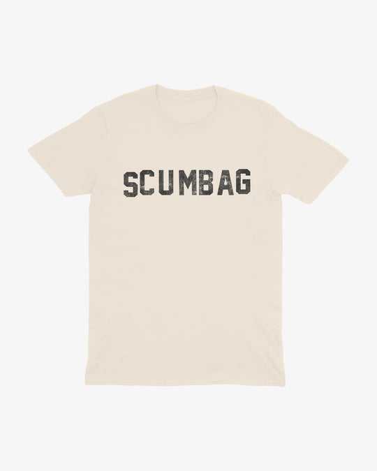 Scumbag t-shirt in natural with black distressed varsity lettering, flat front view