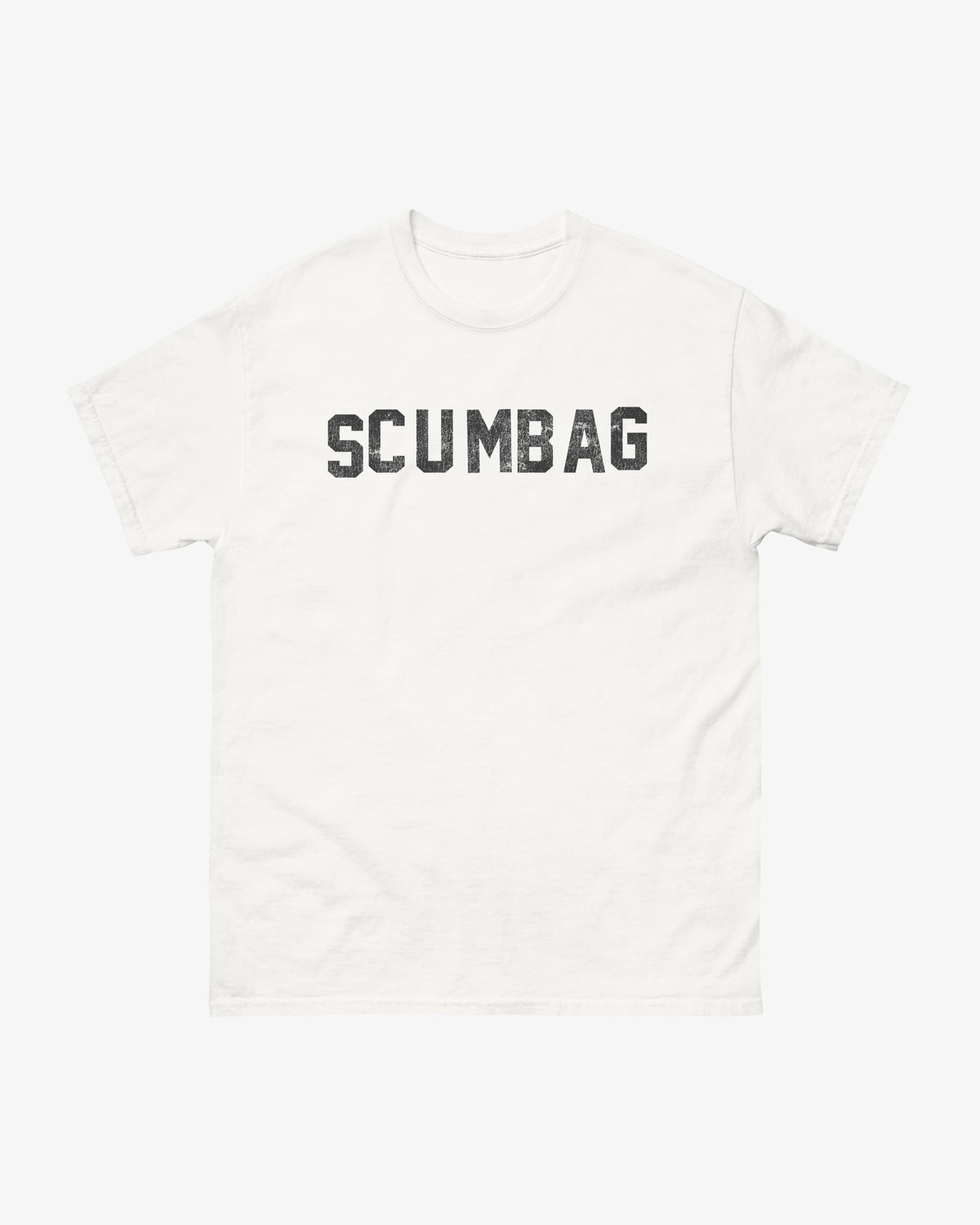 Scumbag t-shirt in white with black distressed varsity lettering, flat front view