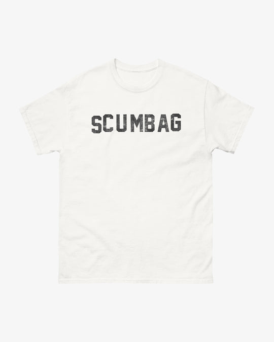 Scumbag t-shirt in white with black distressed varsity lettering, flat front view
