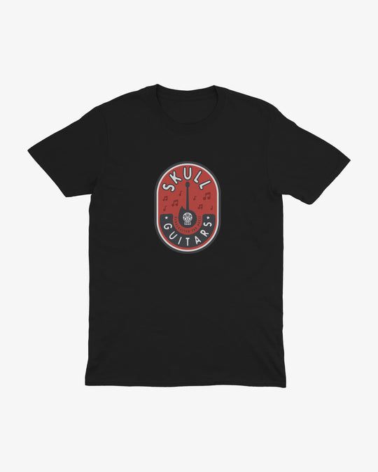 Skull Guitars t-shirt in black, red and navy badge with a skull on a guitar, music notes and "SKULL GUITARS" lettering, front view