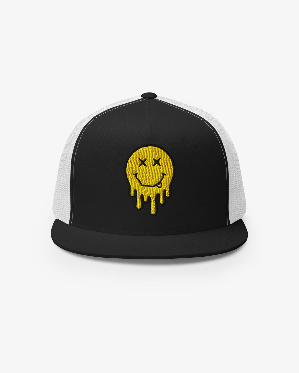 Black and white dripping smiley embroidered trucker cap, front view