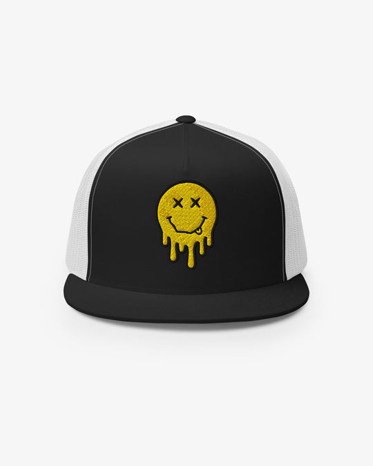 Black and white dripping smiley embroidered trucker cap, front view
