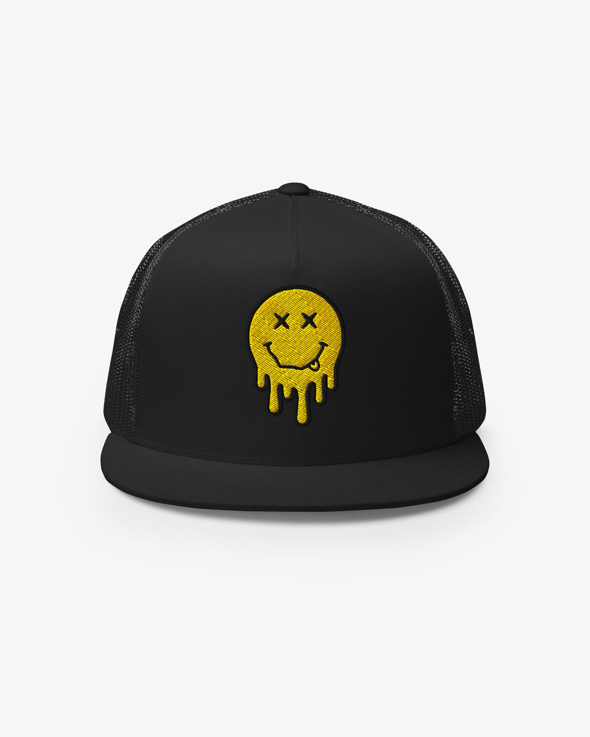 Black dripping smiley embroidered trucker cap, front view