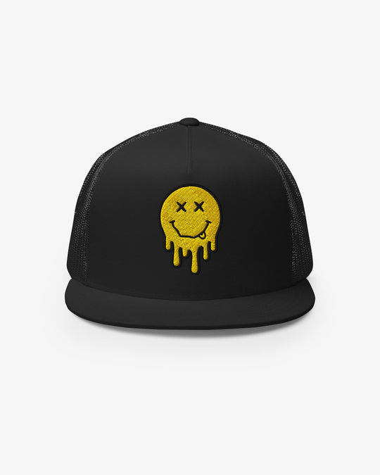 Black dripping smiley embroidered trucker cap, front view