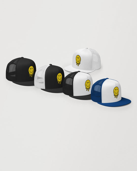Dripping smiley embroidered trucker cap shown in black, white/black, white, black/white, and royal/white