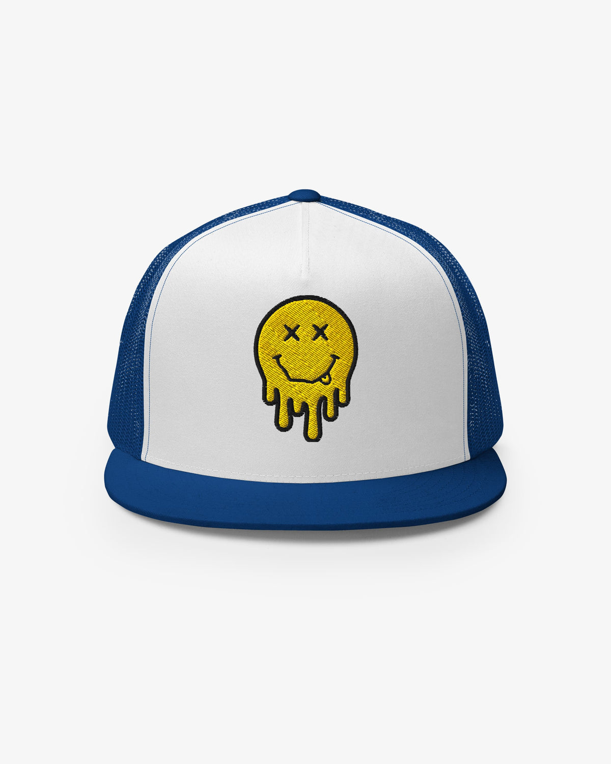 Royal blue and white dripping smiley embroidered trucker cap, front view