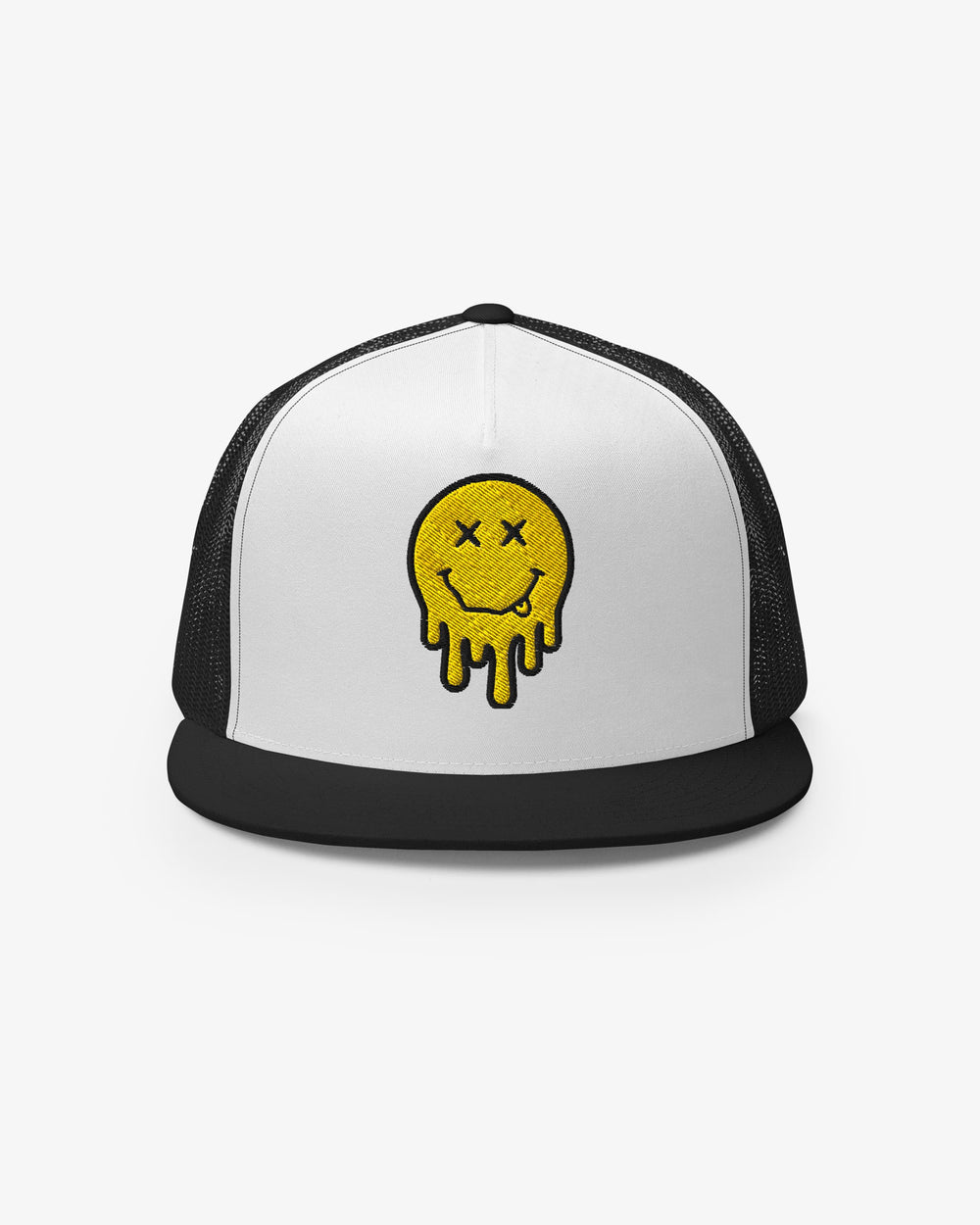 White and black dripping smiley embroidered trucker cap, front view