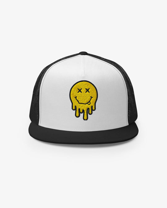 White and black dripping smiley embroidered trucker cap, front view