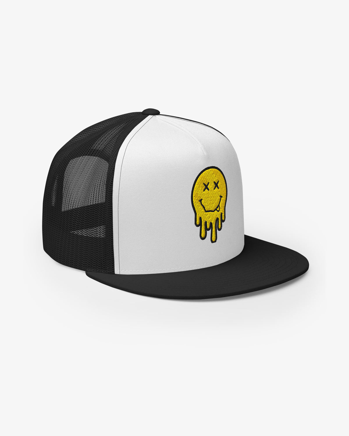 White and black dripping smiley embroidered trucker cap, front three-quarter angle view