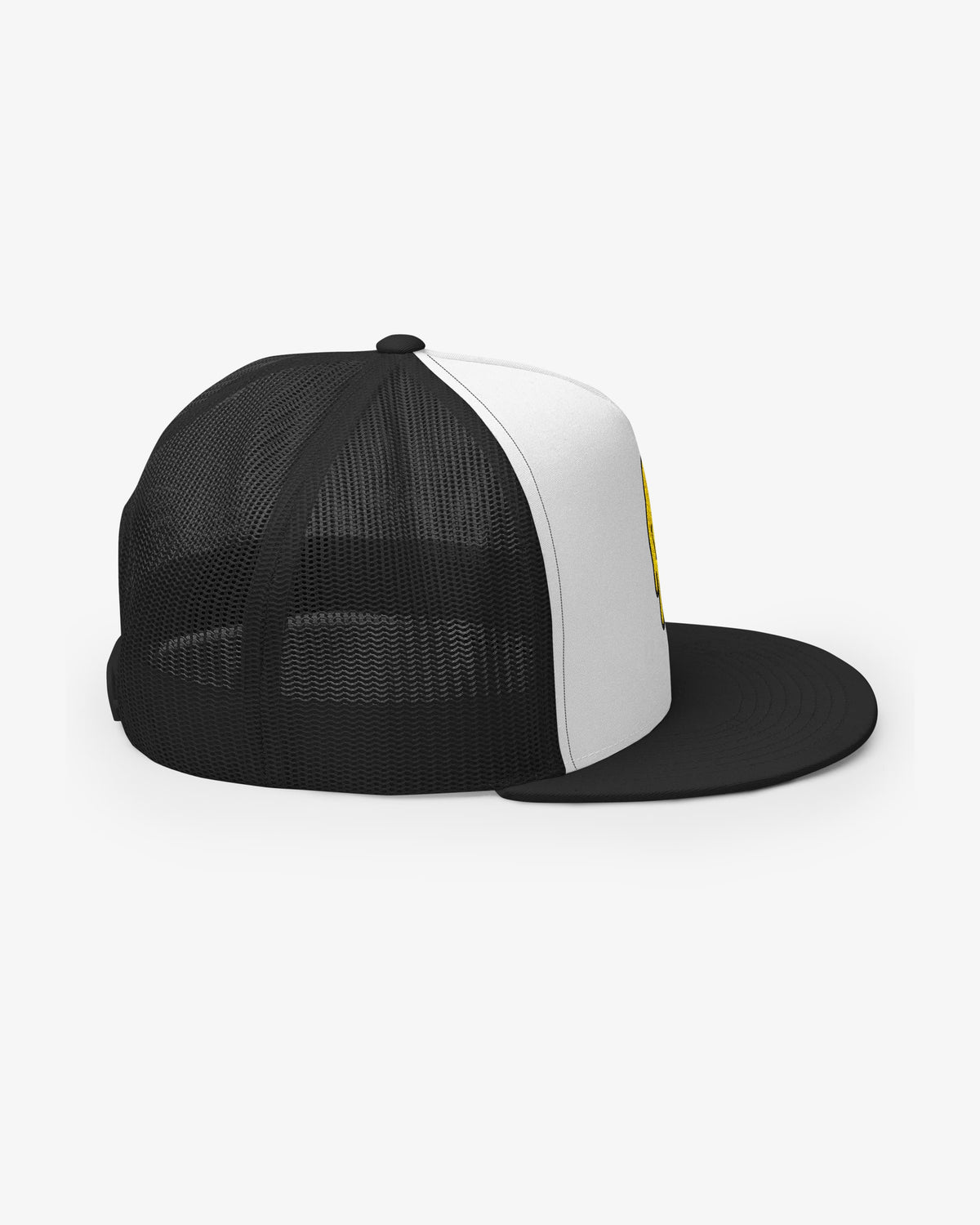 White and black dripping smiley embroidered trucker cap, back view showing mesh panel and snapback closure