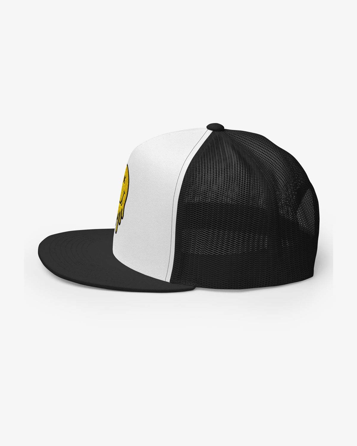 White and black dripping smiley embroidered trucker cap, left side view