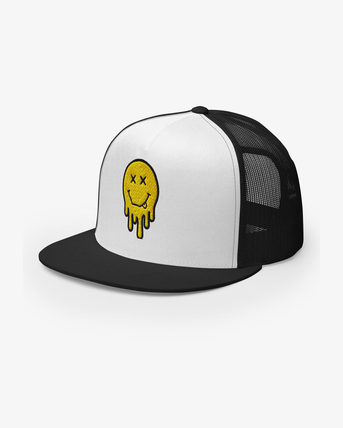 White and black dripping smiley embroidered trucker cap, three-quarter view showing embroidery detail