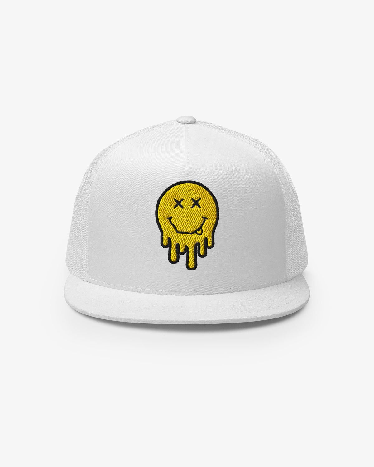 White dripping smiley embroidered trucker cap, front view