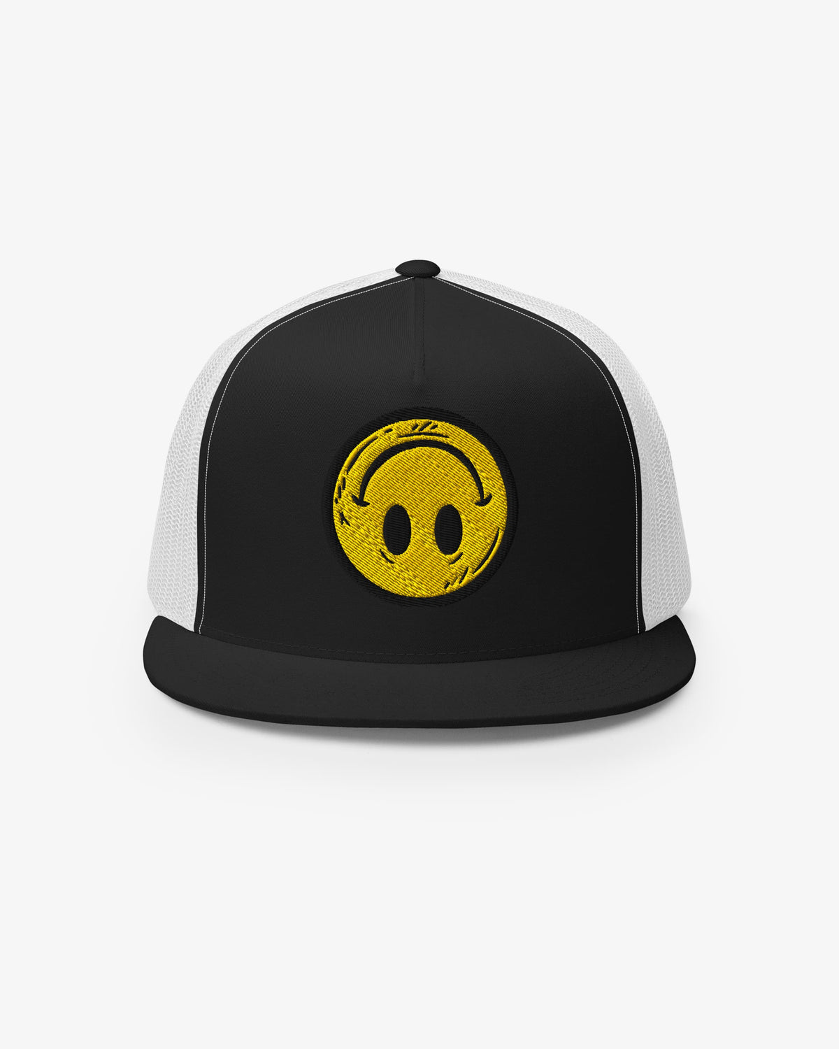 Black and white Smiley Up Down embroidered trucker cap, front view
